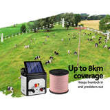 Giantz 8km Solar Electric Fence Energiser Charger with 400M Tape and 25pcs Insulators - Pet And Farm
