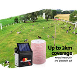 Giantz 3KM Solar Electric Fence Energiser Energizer 0.1J + 2000M Poly Fencing Wire Tape - Pet And Farm