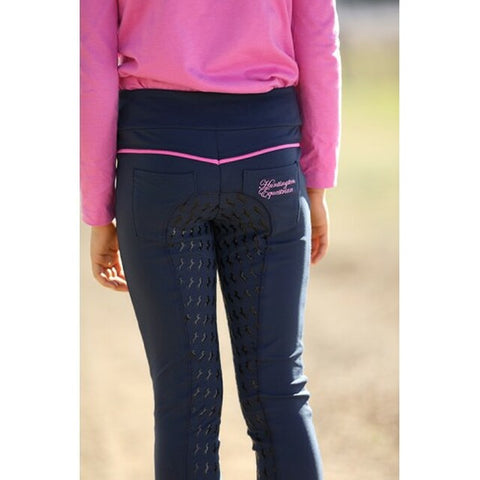 Huntington Girls Pull-On Full Seat Gel Stretch Breeches - Navy/Pink - Pet And Farm 
