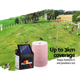 Giantz 3KM Solar Electric Fence Energiser Energizer 0.1J + 2000M Poly Fencing Wire Tape - Pet And Farm 